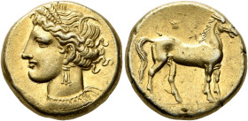 CARTHAGE. Circa 290-270 BC. Stater (Electrum, 18 mm, 7.48 g, 12 h). Head of Tanit to left, wearing wreath of grain ears, triple-pendant earring and el...