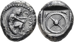 SKYTHIA. Olbia. Eminakos, circa 450-425 BC. Stater (Silver, 21 mm, 11.66 g). EMINAKO Herakles, nude but for lion skin draped over his head and his bac...