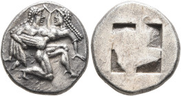 ISLANDS OFF THRACE, Thasos. Circa 500-480 BC. Drachm (Silver, 17 mm, 4.75 g). Nude ithyphallic satyr, with short beard and long hair, moving right in ...