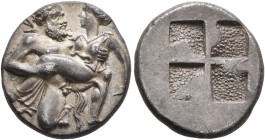 ISLANDS OFF THRACE, Thasos. Circa 412-404 BC. Drachm (Silver, 16 mm, 3.57 g). Nude Satyr kneeling facing, his head turned to right, holding a nymph in...