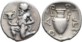 ISLANDS OFF THRACE, Thasos. Circa 412-404 BC. Trihemiobol (Silver, 12 mm, 0.84 g, 12 h). Bald satyr kneeling left, holding kantharos in his right hand...