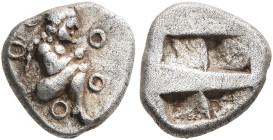 THRACO-MACEDONIAN REGION. Siris. Circa 525-480 BC. 1/8 Stater (Silver, 10 mm, 1.06 g). Satyr squatting right; around, five annulets. Rev. Rough quadri...