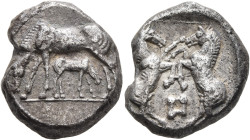 THRACO-MACEDONIAN REGION. Uncertain. Circa 5th century BC. Stater (Silver, 22 mm, 10.50 g, 6 h). Mare grazing to left; below, her foal grazing to righ...