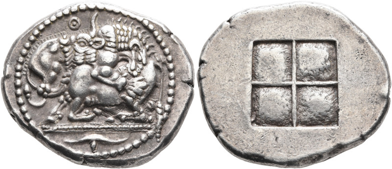 MACEDON. Akanthos. Circa 480-470 BC. Tetradrachm (Silver, 29 mm, 17.00 g). Lion ...