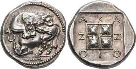 MACEDON. Akanthos. Circa 430-390 BC. Tetradrachm (Silver, 24 mm, 14.36 g, 6 h), Alexios, magistrate. Lion to right, attacking a bull collapsing to lef...