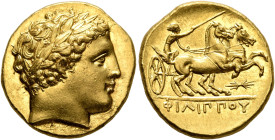 KINGS OF MACEDON. Philip II, 359-336 BC. Stater (Gold, 19 mm, 8.62 g, 12 h), Pella, struck under Philip II or Alexander III, circa 340/36-328. Laureat...