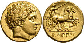 KINGS OF MACEDON. Philip II, 359-336 BC. Stater (Gold, 19 mm, 8.59 g, 10 h), Pella, struck under Philip II or Alexander III, circa 340/36-328. Laureat...