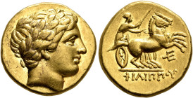 KINGS OF MACEDON. Philip II, 359-336 BC. Stater (Gold, 18 mm, 8.62 g, 9 h), Amphipolis, struck under Philip II or Alexander III, 340/36-328. Laureate ...