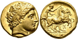 KINGS OF MACEDON. Philip II, 359-336 BC. Stater (Gold, 17 mm, 8.59 g, 1 h), Teos, struck under Philip III, 323-319. Laureate head of Apollo to right. ...
