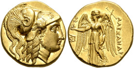 KINGS OF MACEDON. Alexander III ‘the Great’, 336-323 BC. Stater (Gold, 18 mm, 8.56 g, 6 h), uncertain mint in the East, circa 325-300. Head of Athena ...