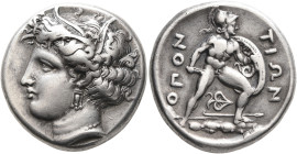 LOKRIS. Lokris Opuntii. Circa 350-340 BC. Stater (Silver, 22 mm, 12.18 g, 12 h). Head of Demeter to left, wearing wreath of wheat leaves, triple penda...