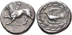 SIKYONIA. Sikyon. Circa 335-330 BC. Stater (Silver, 24 mm, 12.30 g, 3 h). Chimaira walking left on ground line; above, wreath; below, ΣE. Rev. Dove fl...