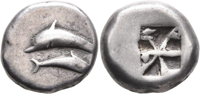 CYCLADES, Thera. Circa 525/20-500 BC. Stater (Silver, 21 mm, 12.23 g). Two dolph...