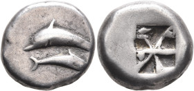 CYCLADES, Thera. Circa 525/20-500 BC. Stater (Silver, 21 mm, 12.23 g). Two dolphins swimming in opposite directions. Rev. Incuse square of 'Union Jack...