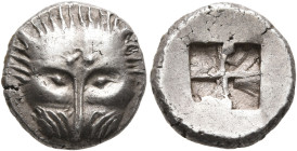 CIMMERIAN BOSPOROS. Pantikapaion. Circa 480-470 BC. Triobol (Silver, 13 mm, 3.08 g). Facing head of a lion. Rev. Quadripartite incuse square. Frolova ...