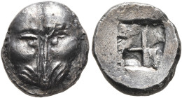 CIMMERIAN BOSPOROS. Pantikapaion. Circa 480-470 BC. Triobol (Silver, 13 mm, 2.41 g). Facing head of a lion. Rev. Quadripartite incuse square. Frolova ...