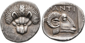 CIMMERIAN BOSPOROS. Pantikapaion. Circa 390-380 BC. Diobol (Silver, 13 mm, 1.30 g, 3 h). Facing head of a lion. Rev. ΠΑΝΤI Head of a ram to right; all...