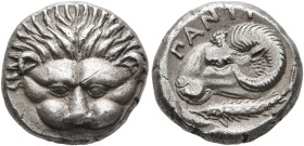 CIMMERIAN BOSPOROS. Pantikapaion. Circa 390-380 BC. Drachm (Silver, 15 mm, 5.15 g, 1 h). Facing head of a lion. Rev. ΠΑΝΤI Head of a ram to left; belo...