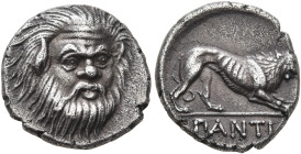 CIMMERIAN BOSPOROS. Pantikapaion. Circa 370-355 BC. Hemidrachm (Silver, 14 mm, 2.47 g, 2 h). Bearded head of Pan with animal ears and a pug nose facin...