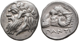 CIMMERIAN BOSPOROS. Pantikapaion. Circa 380-370 BC. Diobol (Silver, 13 mm, 1.88 g, 12 h). Head of Silenos, balding, bearded and with animal ears, to l...