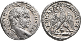 PHOENICIA. Tyre. Caracalla, 198-217. Tetradrachm (Silver, 27 mm, 13.56 g, 11 h), 213-217. ΑΥΤ ΚΑΙ ΑΝΤⲰΝΙΝΟC CЄ Laureate head of Caracalla to right. Re...