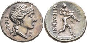M. Herennius, 108-107 BC. Denarius (Silver, 18 mm, 3.93 g, 11 h), Rome. PIETAS Head of Pietas to right, wearing diadem, pendant earring and pearl neck...