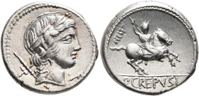Pub. Crepusius, 82 BC. Denarius (Silver, 19 mm, 4.11 g, 5 h), Rome. Laureate head of Apollo to right; behind, scepter and T; below chin, grain ear. Re...