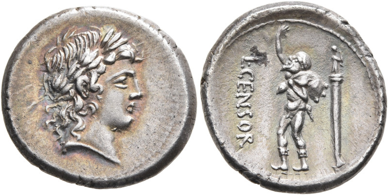 L. Censorinus, 82 BC. Denarius (Silver, 20 mm, 3.74 g, 4 h), Rome. Laureate head...