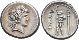 L. Censorinus, 82 BC. Denarius (Silver, 20 mm, 3.74 g, 4 h), Rome. Laureate head of Apollo to right. Rev. L•CENSOR Marsyas, bald-headed, standing to l...