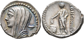 L. Cassius Longinus, 60 BC. Denarius (Silver, 20 mm, 4.00 g, 5 h), Rome. Veiled and draped bust of Vesta to left; behind, two-handled cup; below chin,...