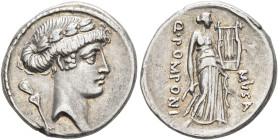 Q. Pomponius Musa, 56 BC. Denarius (Silver, 18 mm, 3.76 g, 3 h), Rome. Laureate head of Apollo to right; to left, handle of plectrum. Rev. Q•POMPONI /...