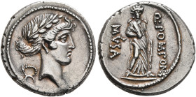 Q. Pomponius Musa, 56 BC. Denarius (Silver, 18 mm, 4.07 g, 3 h), Rome. Laureate head of Apollo to right; to left, wreath. Rev. Q•POMPONI / MVSA Polyhy...