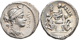 Faustus Cornelius Sulla, 56 BC. Denarius (Silver, 19 mm, 4.05 g, 4 h), Rome. FAVSTVS Draped bust of Diana to right, wearing stephane adorned with a cr...