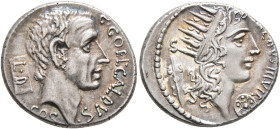 C. Coelius Caldus, 53 BC. Denarius (Silver, 19 mm, 4.01 g, 6 h), Rome. C•COEL•CALDVS / COS Bare head of the consul C. Coelius Caldus to right; to left...