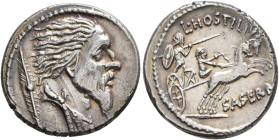 L. Hostilius Saserna, 48 BC. Denarius (Silver, 19 mm, 3.99 g, 5 h), Rome. Draped male bust (Vercingetorix?) with wild hair and long plaited beard to r...