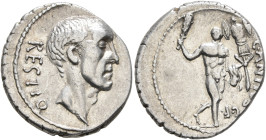 C. Antius C.f. Restio, 47 BC. Denarius (Silver, 19 mm, 3.83 g, 6 h), Rome. RESTIO Bare head of the tribune C. Antius Restio to right. Rev. C•ANTIVS•C•...