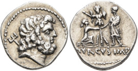 L. Staius Murcus, 42-41 BC. Denarius (Silver, 19 mm, 3.95 g, 12 h), mint moving with Murcus along the Ionian Sea. Laureate head of Neptune to right; b...