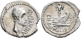 Cn. Domitius L.f. Ahenobarbus, 41-40 BC. Denarius (Silver, 20 mm, 3.97 g, 5 h), uncertain mint moving with Ahenobarbus along the Adriatic or Ionian Se...