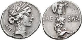 Julius Caesar, 49-44 BC. Denarius (Silver, 19 mm, 3.95 g, 9 h), military mint moving with Caesar in Spain, 48-47. Diademed female head (Clementia?) to...