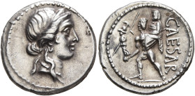 Julius Caesar, 49-44 BC. Denarius (Silver, 18 mm, 3.92 g, 6 h), military mint moving with Caesar in North Africa, 48-47. Diademed head of Venus to rig...