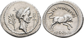 Julius Caesar, 49-44 BC. Denarius (Silver, 20 mm, 3.83 g, 11 h), with L. Livineius Regulus. Rome, 42. Laureate head of Caesar to right; to left, laure...