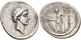 Julius Caesar, 49-44 BC. Denarius (Silver, 21 mm, 3.76 g, 3 h), L. Flaminius Chilo, moneyer. Rome, 41. Wreathed head of Julius Caesar to right. Rev. L...