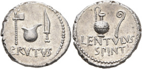 Brutus, 43-42 BC. Denarius (Silver, 18 mm, 4.14 g, 6 h), with L. Cornelius Lentulus Spinther. Military mint moving with the army of Brutus and Cassius...