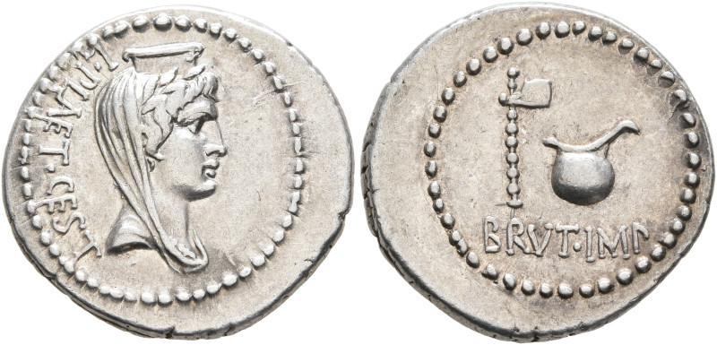 Brutus, 43-42 BC. Denarius (Silver, 19 mm, 3.79 g, 1 h), L. Plaetorius Cestianus...