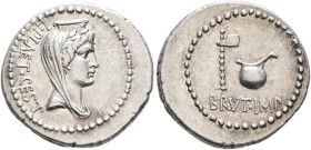 Brutus, 43-42 BC. Denarius (Silver, 19 mm, 3.79 g, 1 h), L. Plaetorius Cestianus, moneyer. Military mint traveling with Brutus and Cassius in western ...