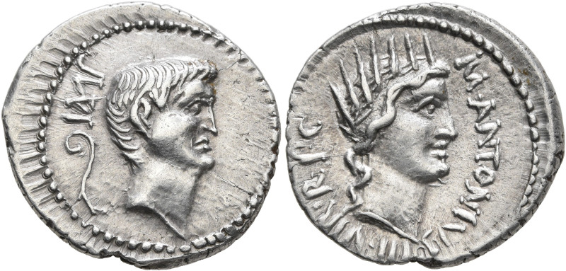 Mark Antony, 44-30 BC. Denarius (Silver, 20 mm, 3.95 g, 12 h), military mint mov...
