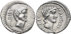 Mark Antony, 44-30 BC. Denarius (Silver, 20 mm, 3.95 g, 12 h), military mint moving with Antony in Greece and Asia, 42. IMP Bare head of Mark Antony t...