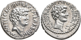 Mark Antony and Octavian. Denarius (Silver, 20 mm, 3.87 g, 12 h), with M. Barbatius. Ephesus (?), 41 BC. M•ANT•I MP •AV G III•VIR•R•P•C•M•BARBAT Q P B...