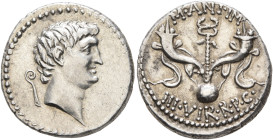 Mark Antony, 44-30 BC. Denarius (Silver, 17 mm, 3.81 g, 12 h), mint moving with Mark Antony (Corcyra?), summer 40. Bare head of Mark Antony to right; ...