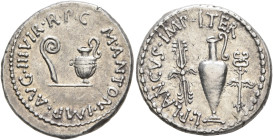 Mark Antony, 44-30 BC. Denarius (Silver, 19 mm, 3.72 g, 7 h), with L. Munatius Plancus. Military mint moving with Mark Antony in central Greece, summe...